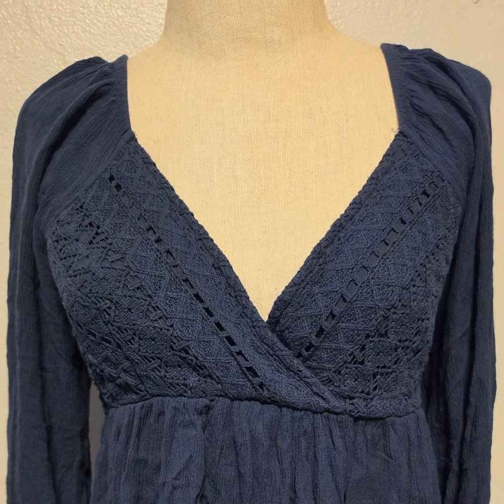 Hollister Navy Blue Eyelet Lace Long Sleeve V-Neck Smocked Back Blouse Top